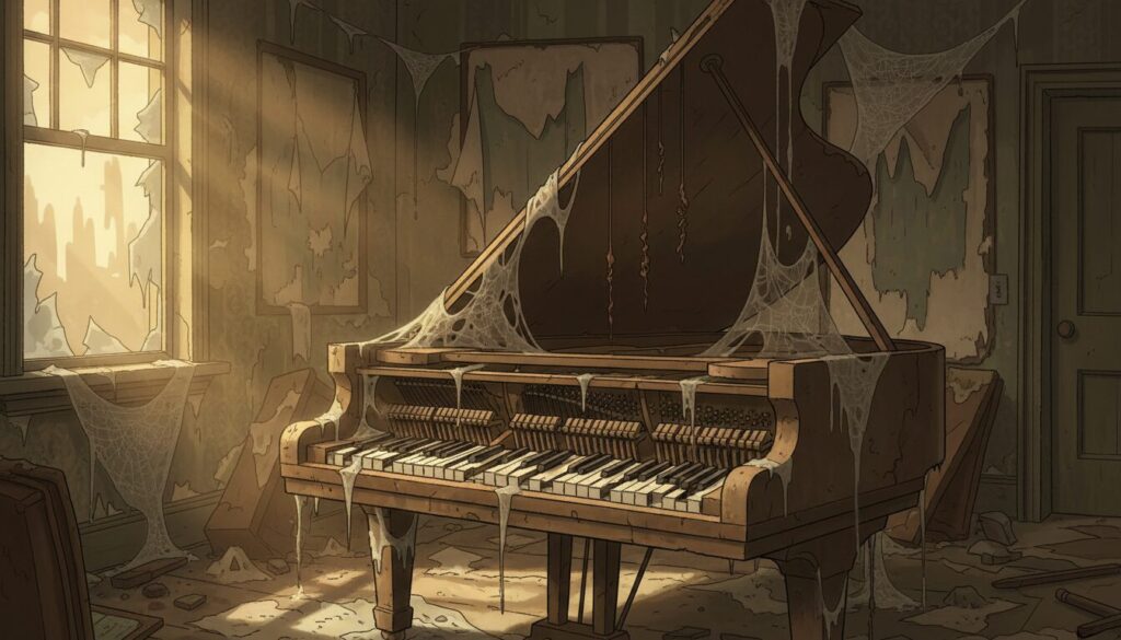 A weathered, untuned piano sits in a dimly lit, abandoned room, showcasing the long-term impact of neglect. In the foreground, the piano's discolored keys are chipped and uneven, with some ivory missing, while a few strings are visibly rusted and sagging. The middle area features dusty sunlight streaming through cracked windows, casting a warm, melancholic glow on the instrument, bringing attention to cobwebs draping its body. In the background, faded wallpaper peels away, hinting at the room's forgotten past. The atmosphere is somber and reflective, evoking a sense of loss and the passage of time. The angle is slightly low, capturing both the piano and the surrounding decay, enhancing the mood of neglect and deterioration in this once cherished space.