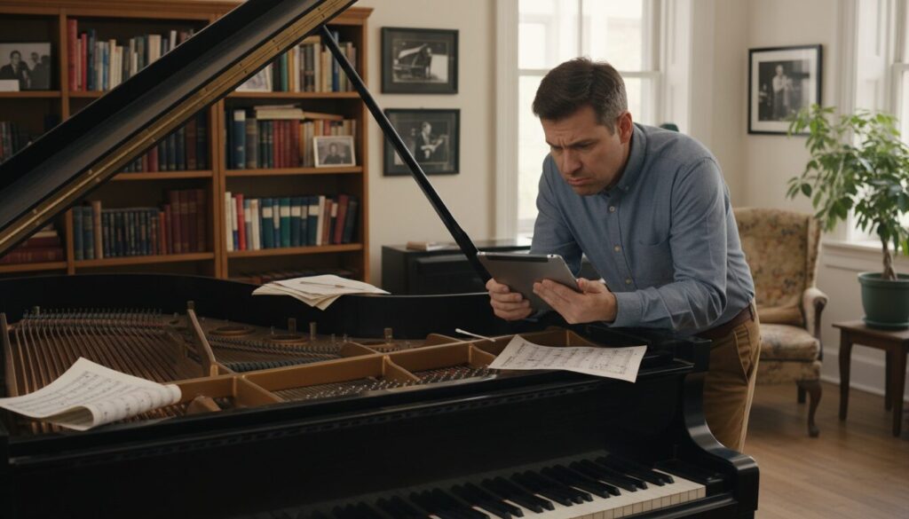A well-lit interior of a music room featuring a grand piano in the foreground, partially opened piano lid revealing a slightly out-of-tune, warped action mechanism. Several sheet music pages, slightly curled at the corners, scattered around the piano, some featuring handwritten notes indicating missed keys. A small tuning fork nestled on the piano's edge hints at the need for attention. In the middle ground, a professional piano technician in modest casual clothing carefully examines the piano, using a tuning app on a tablet while making subtle facial expressions of concentration and concern. The background shows soft, ambient lighting filtering through a window, with shelves filled with musical books and framed photographs of past performances, creating a warm and inviting atmosphere that emphasizes the importance of proper piano upkeep.