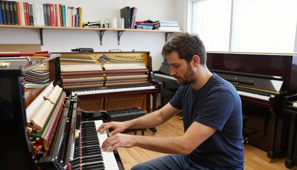 A well-lit, professional piano workshop interior showcasing comprehensive services for upright and grand pianos. In the foreground, a skilled technician in smart casual attire is carefully tuning a grand piano, demonstrating expertise with intricate tools scattered around. The middle ground features an upright piano being repaired, with parts and tools like tuning forks and hammers organized systematically. The background includes shelves filled with piano maintenance books, spare parts, and a bright window allowing natural light to illuminate the scene, creating a warm and focused atmosphere. The overall mood conveys professionalism, attention to detail, and a passion for music craftsmanship. The image should capture the essence of piano tuning, repair, and maintenance without any text or distractions.