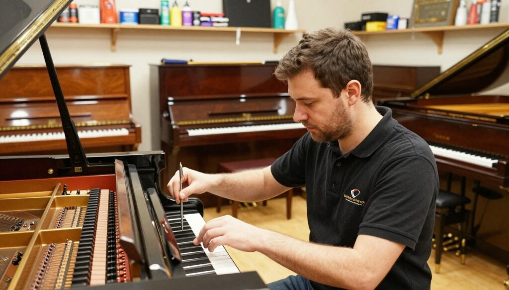 A well-lit workshop scene featuring a skilled piano technician in professional attire, tuning a grand piano with intricate details. In the foreground, the technician is focused, using tuning forks and tools, showcasing expertise and precision. The middle ground displays various pianos, including an elegant upright and several grand pianos, all in polished wood finishes, demonstrating a range of piano service. In the background, shelves are stocked with piano care products and tools, hinting at a professional environment. Soft, warm lighting creates an inviting atmosphere, highlighting the craftsmanship of the pianos. The angle captures both the technician's concentration and the beauty of the instruments, emphasizing quality service by Vestapiano Inc in piano tuning and maintenance.