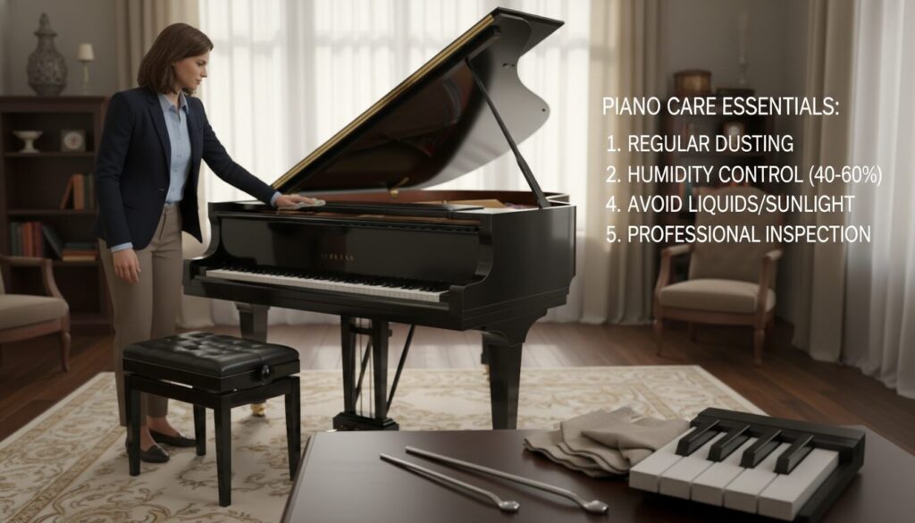 A well-organized piano maintenance tips overview, focusing on a luxurious grand piano placed in a softly lit, elegant room. The foreground includes a close-up of a polished piano key, a tuning fork, and a cloth for cleaning, illustrating maintenance tools. In the middle ground, a professional-looking individual in smart casual attire gently cleans the piano surface with care, embodying the theme of care and attention to detail. The background features a window with soft, natural light streaming in, creating a warm and inviting atmosphere. The overall mood is serene and informative, evoking a sense of professionalism and passion for piano upkeep. The focus is on illustrating preventative care to avoid costly repairs, emphasizing clarity and organization in visual presentation.