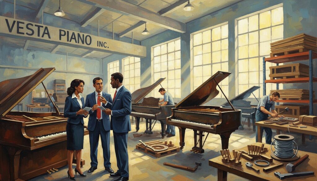 A well-organized, professional piano recycling facility operated by Vesta Piano Inc. in a clean, bright warehouse space. In the foreground, a diverse team of three professionals in business attire examines an upright piano, discussing its condition and potential new uses. In the middle ground, several pianos are being carefully disassembled by technicians, showcasing the recycling process with tools and parts neatly arranged. The background reveals large windows allowing natural light to flood the space, illuminating the organized shelving filled with piano parts and refurbished instruments. The mood is industrious yet optimistic, highlighting innovation and sustainability in piano management. The perspective is angled slightly upward, emphasizing the height of the warehouse and the teamwork involved in the recycling effort. The lighting is bright and welcoming, reflecting a positive approach to piano reclamation.