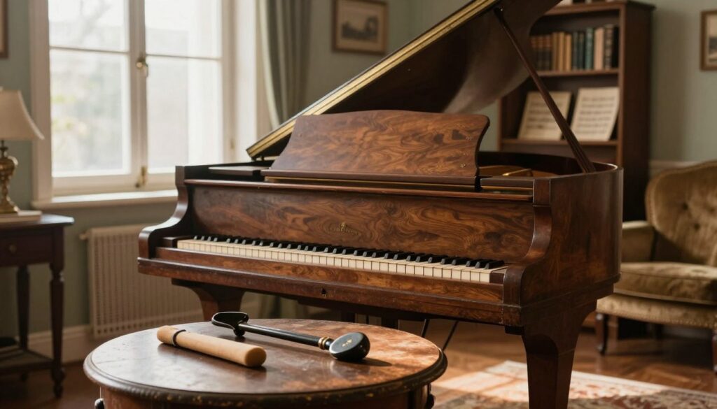 An inviting indoor scene featuring an old grand piano as the centerpiece, positioned near a large window that allows soft, warm natural light to cascade over its polished surface. In the foreground, place a pair of well-worn piano tuning tools—such as a tuning lever and a rubber wedge—artfully arranged on a small antique table. The middle of the composition showcases the piano with its elegant curves and intricate detailing, emphasizing the aging wood and worn keys. In the background, a cozy room setting adorned with vintage décor, including a bookshelf filled with music scores and a comfortable armchair, creates a nostalgic atmosphere. The overall mood is peaceful and reflective, evoking a sense of the importance of piano maintenance to preserve its musical heritage.